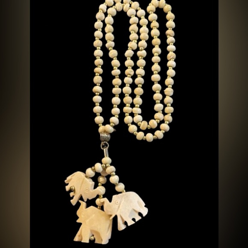 Vintage Carved Bone Cream Beaded Necklace with 3 Elephant Pendants Good Luck